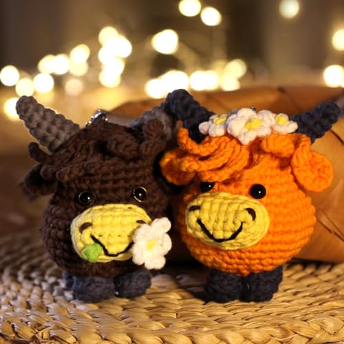 Crochet Kit for Beginners Adults - Cow Starters Crocheting Animal Kits for Kids, DIY Craft Birthday Gift with Crochet Yarns, Hook, Step-by-Step Video, Instruction and Crochet Accessories