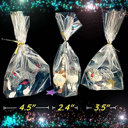 PigPotParty 6"x 9", 50Pcs Bottom Gusset Bags, Clear Cello Cellophane Plastic Treat Goodie Bags with 50x Twist Ties for Small Gift Party Favors, Cookie, Candy, Popcorn (No Side Gusset)