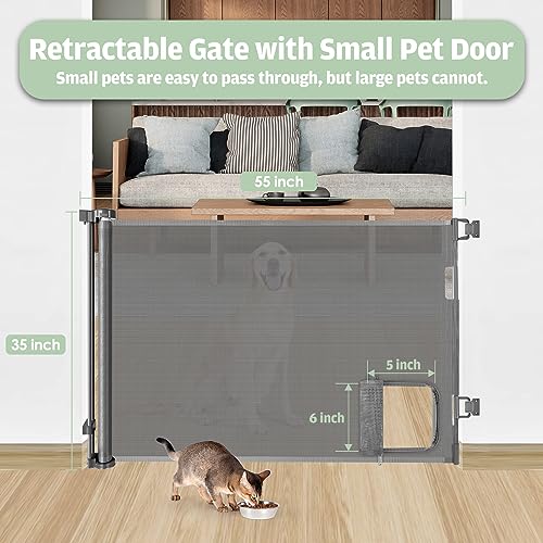 Retractable Baby Gate with Pet Door (55” Wide x 35” Tall) Retractable Dog Gate with Cat Door Indoor Outdoor Mesh Pet Gate for Cats/Puppy/Doggy/Toddler, Cat Safety Gate for Stairs and Doorways(Grey)
