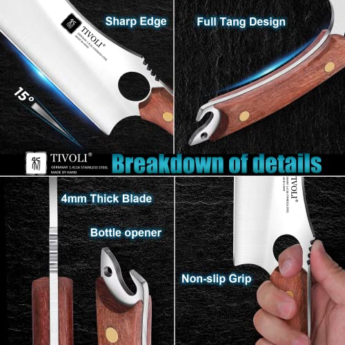 TIVOLI Meat Cleaver Knife Japanese Kitchen Vegetable Knife Sharp Meat Cleaver Forged In Fire Full Tang Cleaver Knife with Sheath Bottle Opener for Outdoor Camping Father's Day Gift Men Women