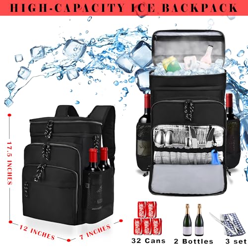 GiMiUiTo Double Deck Cooler Backpack Leak-Proof Large Cooler Backpack,Backpack Cooler Insulated Perfect Soft Cooler Bag for Tactical, Camping, Picnic, Beach, Hiking,Black
