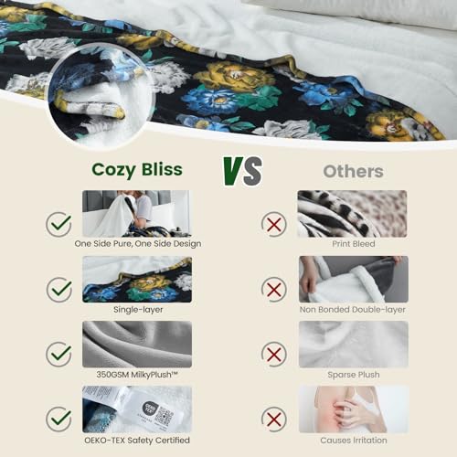 Cozy Bliss Midnight Bloom Bed Blanket Queen Size Bed Luxury Printed Single Layer Plush - Offside Pure White, Most Giftable for Your Famliy and Friends 90"x90"