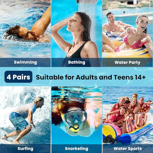 Waterproof Swimming Ear Plugs for Adults - 4 Pairs Reusable Silicone Swimming Ear Plugs for Women & Men, Keep Ear Water Out, Ear Plugs for Swimming, Showering, Bathing, Surfing, Water Sports