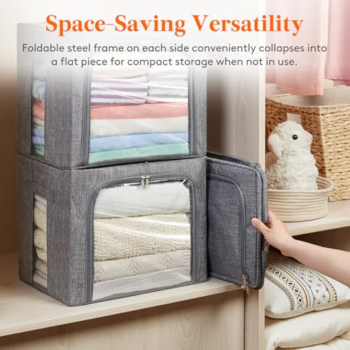 Lifewit Clothes Storage Bins with Metal Frame, Stackable Storage Box, Foldable Clothing Storage Bins with Lids, 40L Storage Bags Fabric Box Organizer with Clear Window＆ Zippers＆ Sturdy Handles 3 Pack