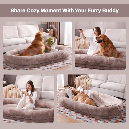 Human Dog Bed for Adult People 72"×48"×10" Giant Dog Bed for Adult Pet with Blanket and Storage Pocket, Washable Fur Cover, Camel