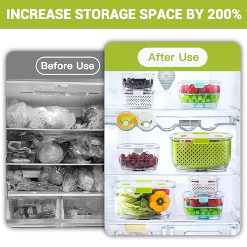 LUXEAR Fresh Produce Vegetable Fruit Storage Containers 3Piece Set, BPA-free Fridge Storage Container, Partitioned Salad Container, Fridge Organizers, Used in Storing Fruits Vegetables, Green