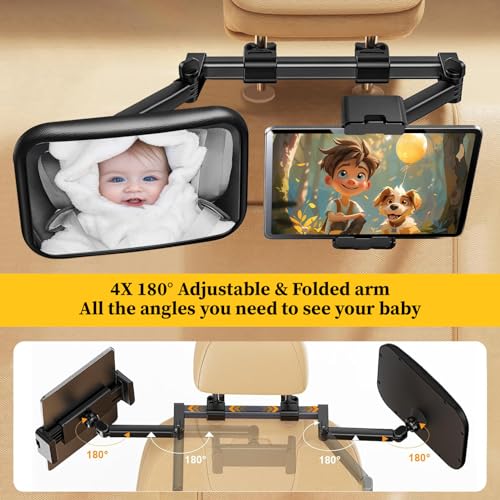 Qloztyse Baby Car Mirror for Baby Rear Facing - Infant Back Seat Mirrors With Holder and Hooks for Fixed Headrest Safety Large Wide Adjustable Auto Rearview, 2 In 1