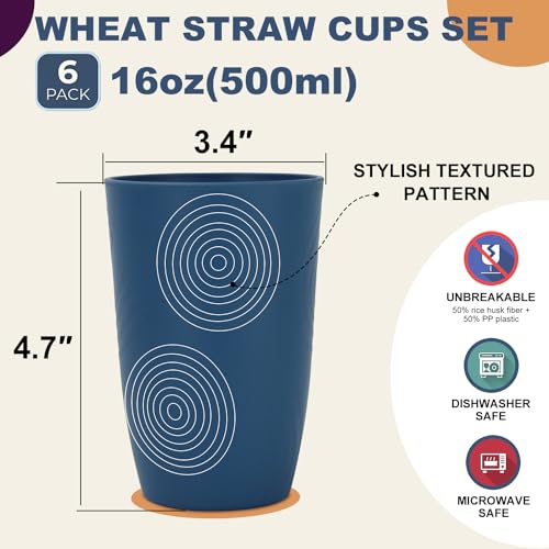 Wrova Wheat Straw Cups 16oz set of 6 with Etched Pattern - Alternative Plastic Cups Dishwasher Safe - Plastic Drinking Cups Unbreakable for Kids - Banana Yellow