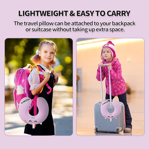 urnexttour Travel Neck Pillow for Kids, Best Unicorn Gifts for Girls with Drawstring Backpack/Necklace/Sleep Mask &Earplugs, Travelling Pillow Set for Airplane, Car, Train, Bus and Home Use (Pink)