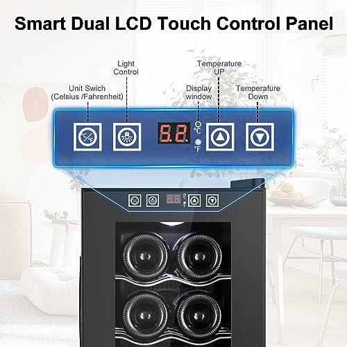 FoMupWine and Beverage RefrigeratorWith Glass Door,24-Inch Dual Zone Fridge Under Counter - 18 Bottle and 65 CanLarge CapacityLed BlueLight Smart Fast Cooling Cooler,Black Stainless Steel (FM24D)