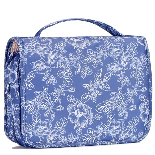 VEXTROFORT Toiletry Bag for Women, Large Hanging Travel Makeup Bag Water-resistant for Toiletries/Cosmetics/Brushes (Blue Floral)
