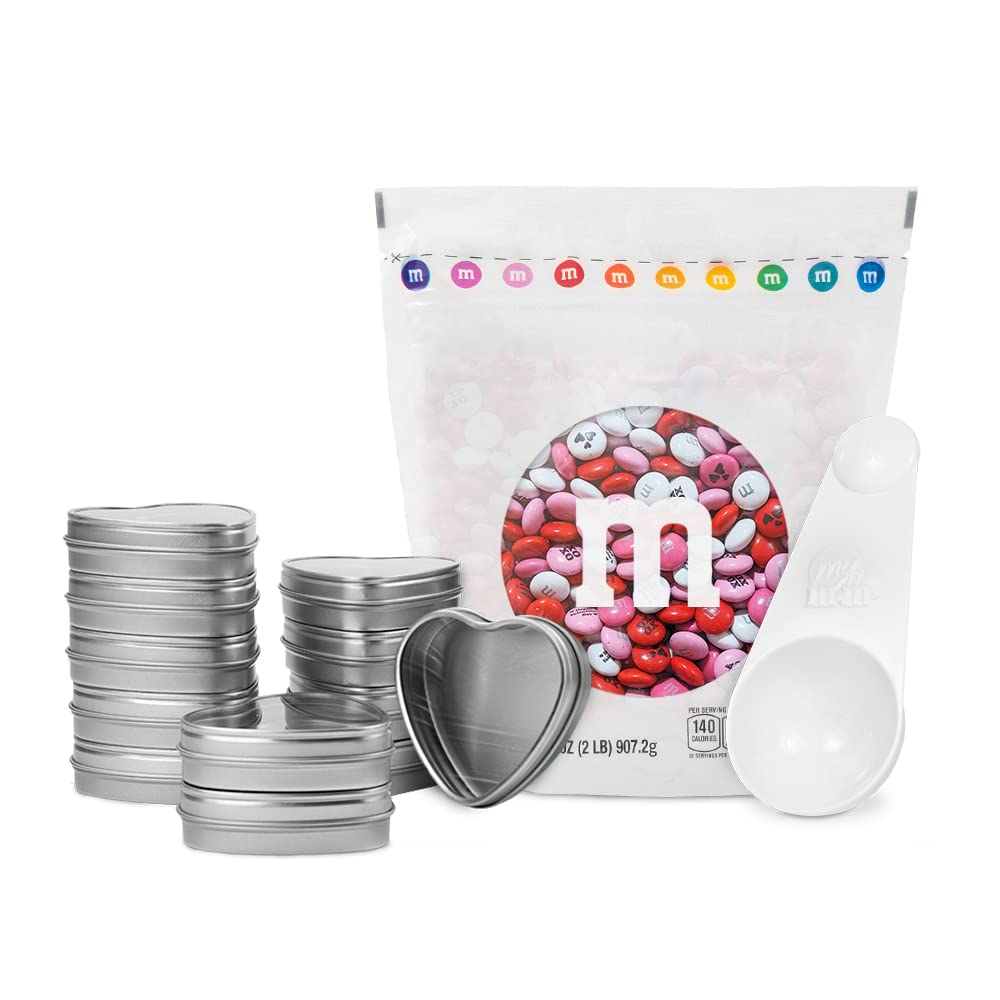 M&M’S WORLD Valentines Day Favor Kits 2lb Chocolate Candy and 20 Heart Tins for Chocolates and Heart Candy