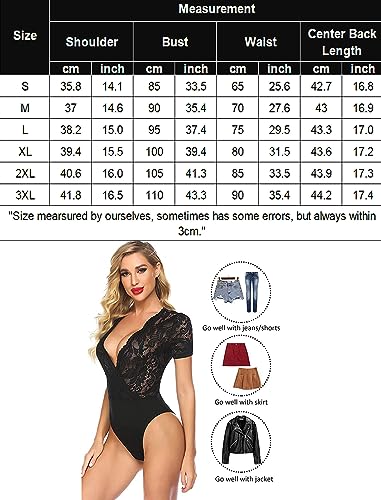 Avidlove Lace Bodysuit Sexy Short Sleeve Bodysuit Lingeriefor Women Deep V Snap Crotch Bodysuit Tops Black S