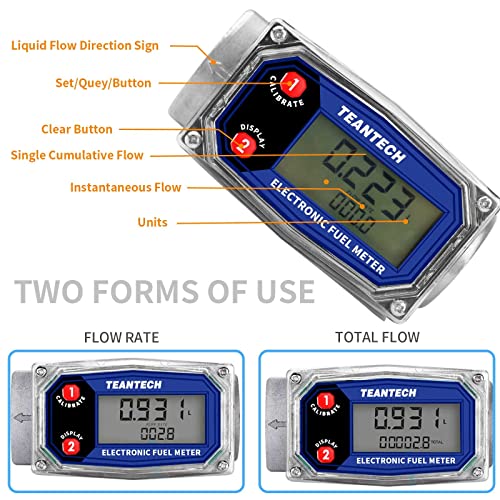 TEANTECH Digital Turbine Flow Meter Digital LCD Display with NPT Counter Gas Oil Fuel Flowmeter for Measure Diesel Kerosene Gasoline (1 Inch)