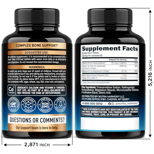 Calcium Supplements for Women - Calcium 1200 mg with Vitamin D3 & K2 - Bone Health, Strength & Density - High Absorption, Slow Release - Made in USA - Citrate & Carbonate Form, 180 Tablets for 2 Month