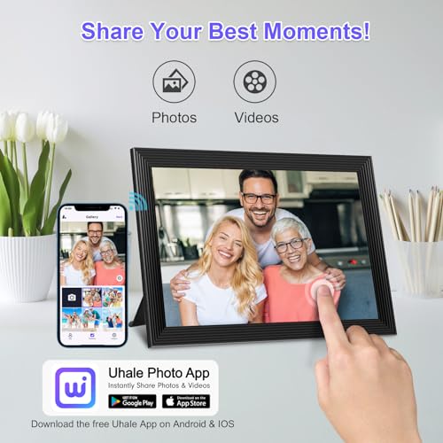 𝟯𝟮𝗚𝗕 Smart Digital Photo Frame, 10.1-Inch WiFi Digital Picture Frame with 1280x800 IPS FHD Touchscreen, Auto-Rotate Wall Mountable TF Card, Easy Share Photos/Videos via Uhale App from Anywhere