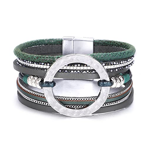 KSQS Multi-Layer Leather Circle Wrap Bracelet for Women, Handmade Bohemian Cuff Wrap Clasp Bangle Bracelet with Magnetic Buckle Jewelry(#20)