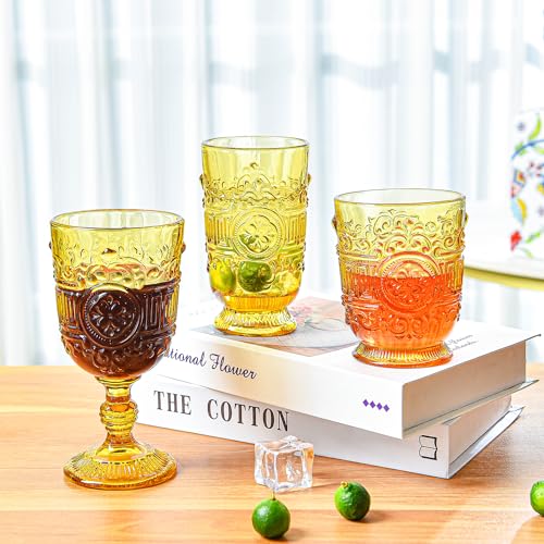 Sungmor Vintage Drinking Glasses Beverage Glass Cups, Set of 3 Embossed Wine Goblets & Highball Glasses and Old Fashioned Glasses, Amber Cocktail Drinking Glassware, 10 oz Water Tumblers Juice Glasses