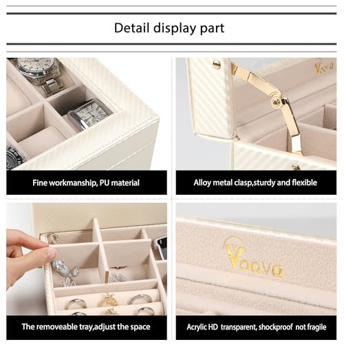 Voova Jewelry Box Watch Boxes Organizer for Men Women, 2 Layer Large 12 Slot PU Leather Watch Storage Case, Glass Top Jewelry Display Holder for Watches Sunglasses Rings Necklaces Bracelets,Apricot