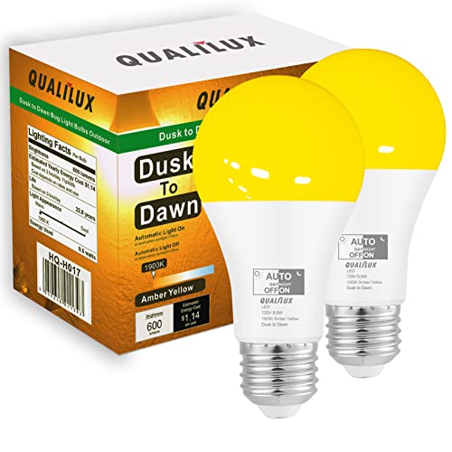 Qualilux Dusk to Dawn Light Bulbs Outdoor 850 Lumen, 60W Equivalent, Warm White 3000K, LED 9.5W, Non-Dimmable, A19, E26 Base, 2-Pack, HQ-H007