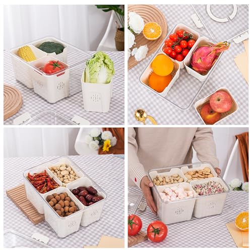 Bandesun Airtight Fruit Storage Containers for Fridge with Lids - 4 Grids, Handle & Removable Colanders, BPA-Free Fresh Produce Saver & Refrigerator Organizer Bins