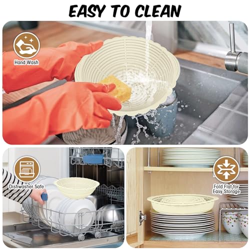 2Pack Bread Proofing Basket Banneton,Silicone Sourdough Bread Baking Baskets,9 Inch Collapsible Proofing Bowl Supplies Set Tool Kit Foldable for Bread Making Sourdough-Beige