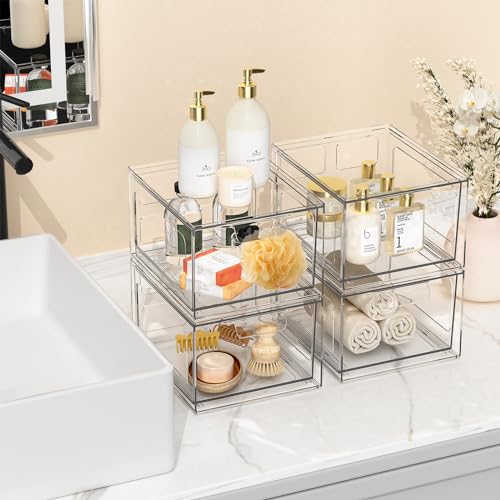 SpaceHacks Stackable Plastic Makeup Organizer Drawers, Acrylic Organizers, Clear Storage Bins with Pull-Out Handles for Vanity, Kitchen Cabinets, Pantry