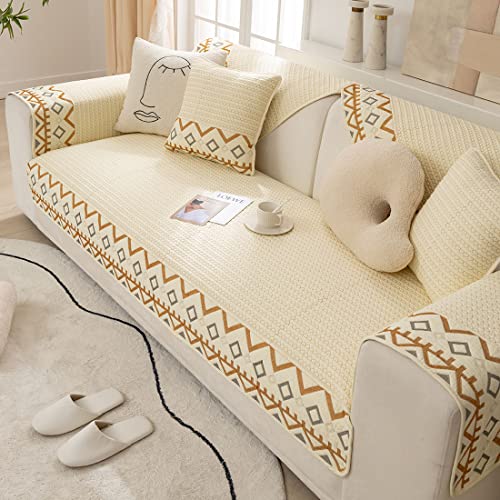 XSlive Farmhouse Embroidery Couch Sofa Cover Geometric Pattern Cotton Quilted Sectional Couch Cover Anti-Slip Soft Furniture Protector Sofa Slipcover for Living Room (Ivory,36"x94")