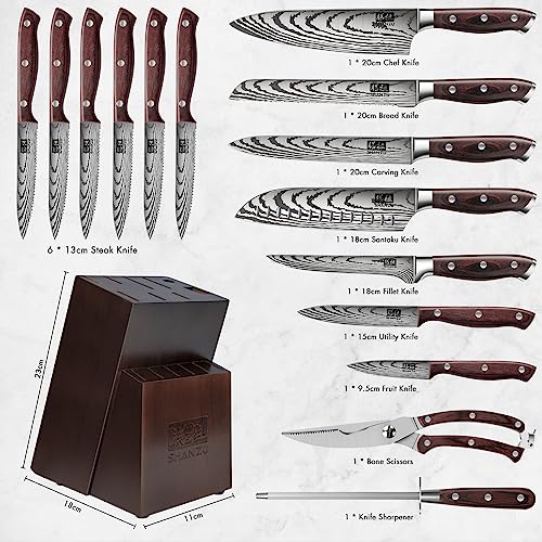 SHAN ZU Knife Set 16 pcs, Japanese Kitchen Knife Set with Block High Carbon Stainless Steel Ultra Sharp Knife Set for Kitchen, Professional Chef Knife Set with Sharpener