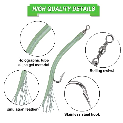 8 Packs Rubber Bass Tube Lures Cod Rig Teaser with Stainless Steel Hook Barrel Swivels Class Striped Bass Tube Lure Trolling Bass Cod Fishing EEL Hook Green 7/0