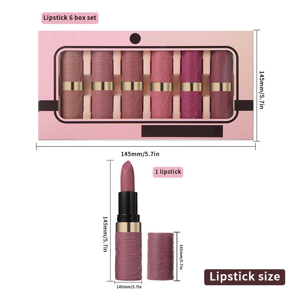 evpct 6Pcs Nude Brown Pink Purple Rose Red Mauve Matte Lipstick Sets for Women Velvet Lipstick Long Lasting Waterproof 24 Hours Lip Stick Stain Makeup Gift Sets labiales mate 24 horas originales A