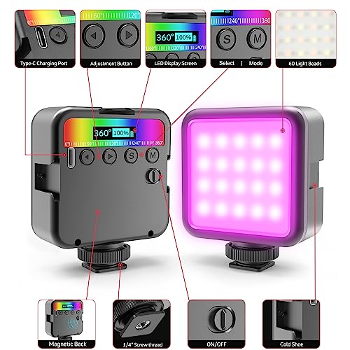 Altson Magnetic RGB Led Video Light LED Camera Light 360° Full Color Portable Photography Lighting Whit 3 Cold Shoe，，2000mAh Rechargeable CRI 96+/2500-9900K/13 Scene (Black)