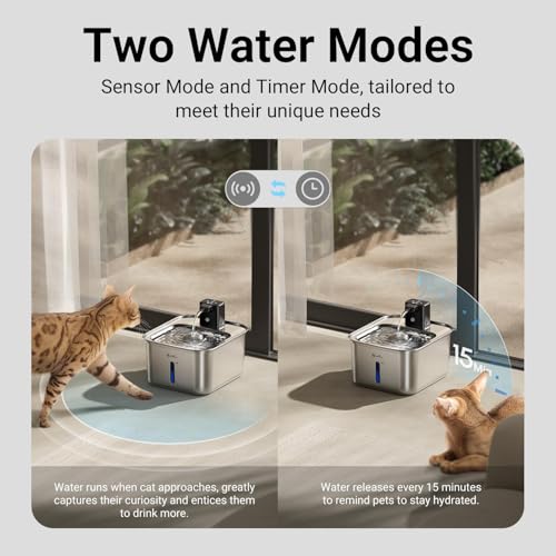DownyPaws Cat Water Fountain Stainless Steel Wireless, 101 oz/3L FurSink Battery Operated Cat Water Dispenser for Pets Indoor, Cordless Dog Drinking Fountain with Motion Sensor, Easy to Clean, Black