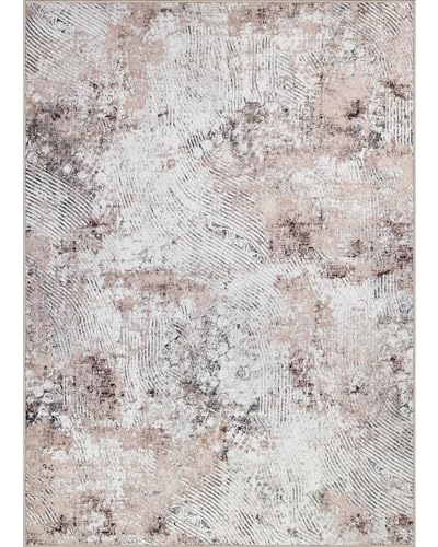 Modern Abstract Area Rug 9x12 Large Soft Machine Washable Rug Non-Slip Living Room Rug Stain Resistance Low Pile Accent Indoor Floor Carpet for Bedroom Dining Room Office Nursery (BeigePink, 9'x12')