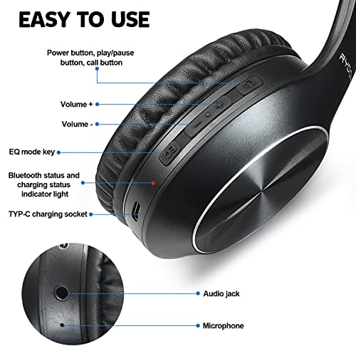 Rydohi Bluetooth Headphones Over Ear, 68H Playtime and 3 EQ Music Modes Wireless Headphones with Microphone/Deep Bass, HiFi Stereo Foldable Lightweight Headset for PC Home Travel Office （Black