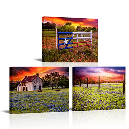 OuElegent Texas Farm Canvas Wall Art Bluebonnet Field Prints Farmhouse Landscape Painting Pictures for Living Room Kitchen Bedroom Office Home Decor Ready to Hang 3 Panels (small)