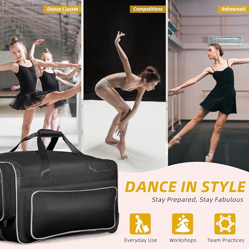 DWVO Dance Bag with Garment Rack, 23" Rolling Dance Garment Bags for Dancers, Duffle Bag with Rack and Wheels for Dance Competition, Travel, Modern, Lightweight, Collapsible