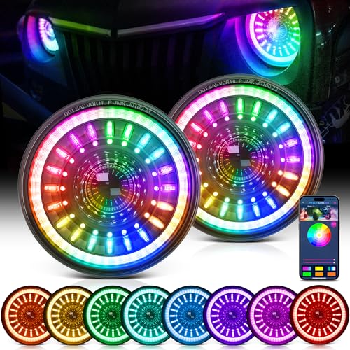 MICTUNING 7inch J1 RGB+IC LED Headlights Kit with Multi-Color Chasing App Control, Anti-Glare 1000% Brighter, Compatible with 1997-2018 Jeep Wrangler TJ JK Chevy Ford GMC, DOT Approved