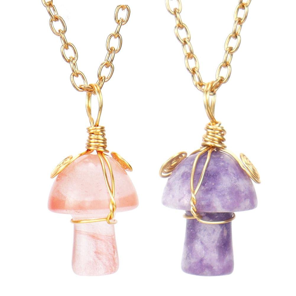 Rose Quartz Crystals Cute Mushroom Necklace for Women Teen Girls Trendy, Gold Plated Dainty Healing Chakra Preppy Necklaces Aesthetic