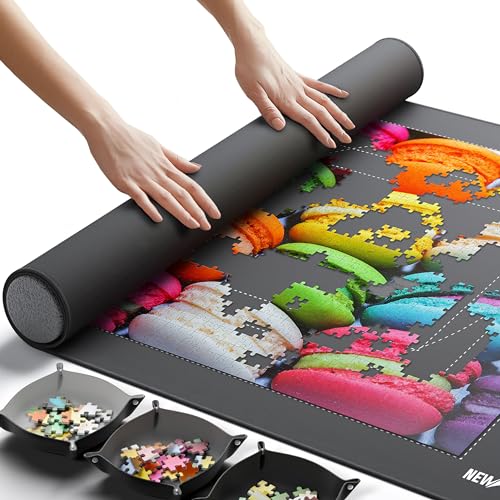 The Original Newverest Jigsaw Puzzle Mat Roll Up, Saver Pad 46” x 26” Portable Keeper Up to 1500 pieces with Non-Slip Rubber Bottom & Smooth Top + 3 Puzzle Sorting Trays & Travel-Friendly Storage Bag