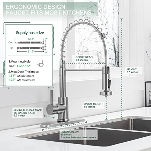 WEWE Kitchen Faucets, Brushed Nickel Kitchen Faucet with Pull Down Sprayer, Industrial Spring Single Handle Stainless Steel Kitchen Sink Faucet with Deck Plate, 1 Hole or 3 Hole for Laundry Rv