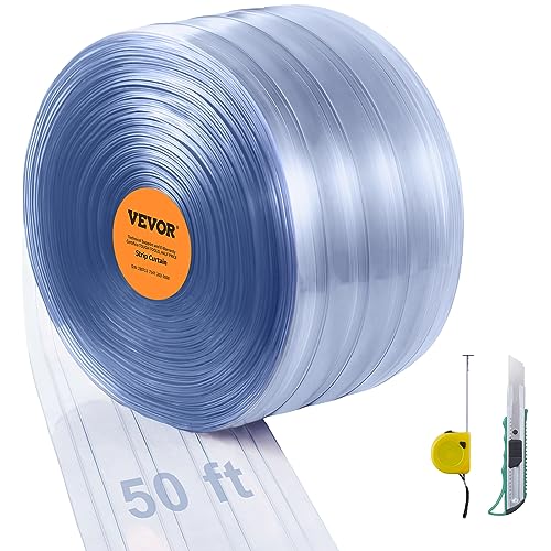 VEVOR Strip Curtain, 50' Length x 8" Width x 0.08" Thickness, Clear Ribbed PVC Curtain Strip Door Bulk Roll, Plastic Door Strips for Doorways of Supermarket, Garage, Warehouse, Barn, Pet Animal House