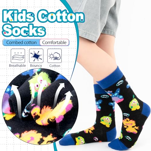 Dsia Zamur 6 Pack Novelty Kids Boys Monster Socks + Gift Box, Funny Crazy Eyes Colorful Athletic Halloween Christmas Stripe Calf Crew Socks for Girls Children Sons 2-4 Years