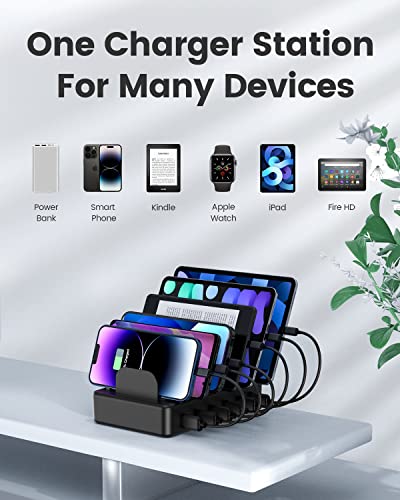 CREATIVE DESIGN Charging Station, 50W 6 Ports Multi Charger Station with 6 Charging Cables, USB Charging Dock for Multiple Devices, Compatible with Cellphone iPad Kindle Tablet and Other Electronic