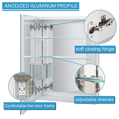 Fundin Lighted Medicine Cabinet with LED Light, Defogger, Dimmer, Outlet and USB Charger, Recessed or Surface Mount, Aluminum Material,20W x 25.6H inch