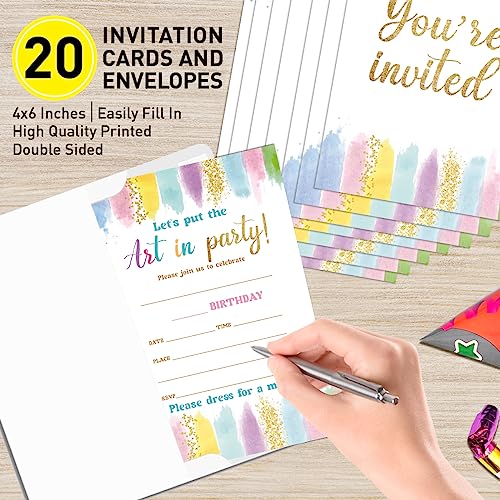 UDNADKEX Art Birthday Invitations Girl with Envelopes, Invites for Girls Birthday Party Art Painting, Paint Birthday Party Invitations Cards, 4"x6" Set of 20, Let's Create & Celebrate