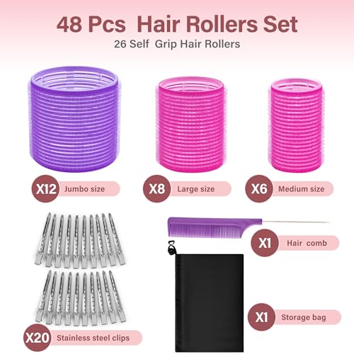 48 Pcs Self Grip Hair Rollers Set with 26 Rollers Hair Curlers & 20 Metal Clips, 3 Sizes Rollers for Blowout Look Long Medium Short Hair Volume, Jumbo Large Medium Hair Rollers DIY Hairstyles