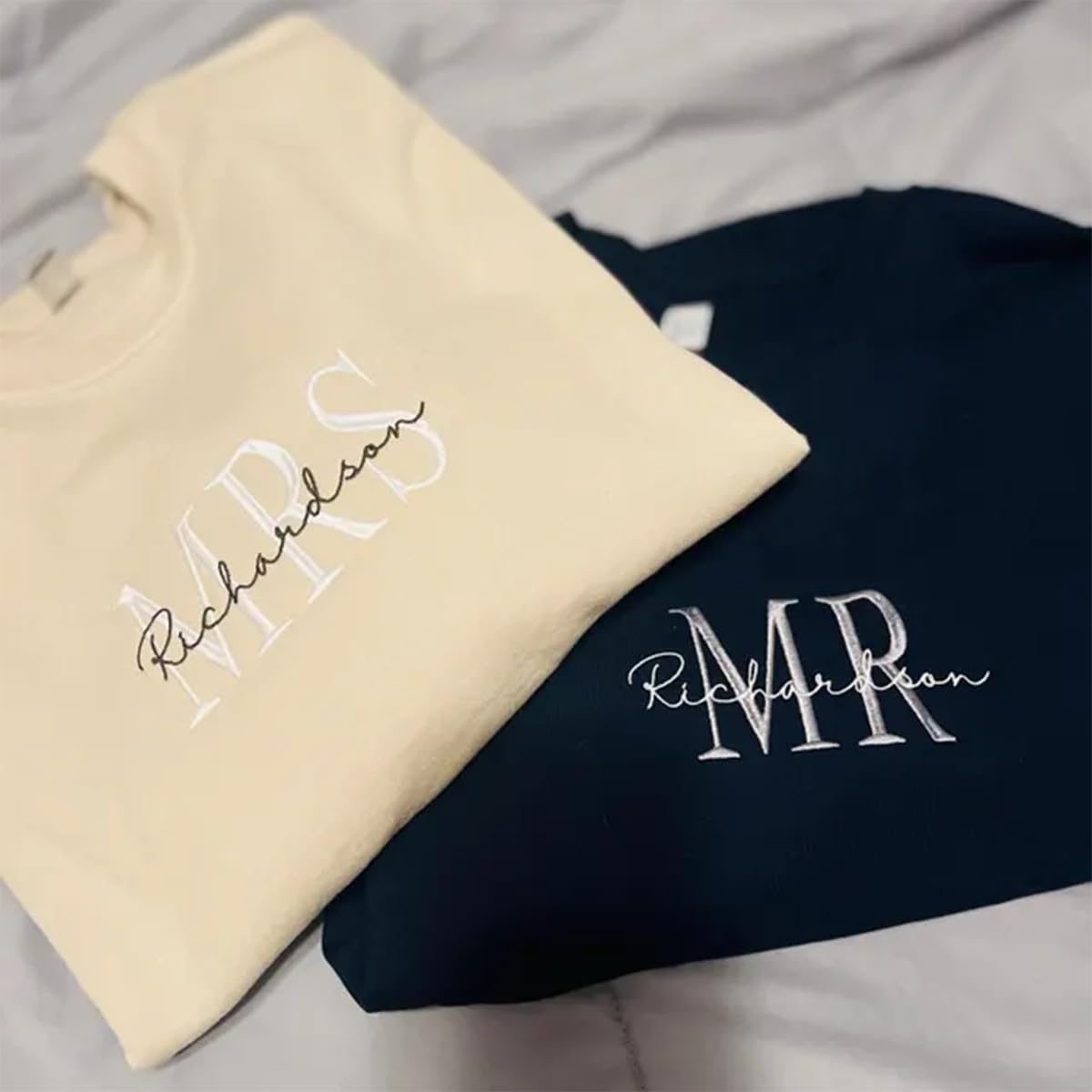 Personalized Mr and Mrs Embroidered Crewneck Sweatshirts with Dates on Sleeve, Personalized Husband and Wife Matching Shirt, Customized Honeymoon Matching Outfit, Custom Bride & Groom Gift