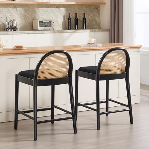 HEAH-YO Rattan Counter Stools Set of 2, 26 Inches Counter Height Bar Stools with Backrests and Wood Legs, Upholstered Sherpa Rattan Kitchen Stool for Island, Black