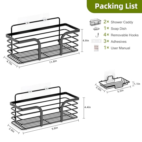 Shower Caddy, Adhesive Shower Organizer with Soap Dish and 4 Hooks, Rustproof Stainless Steel Shower Shelves, Wall Mounted No Drilling Storage Shelf Basket Accessories for Bathroom & Kitchen